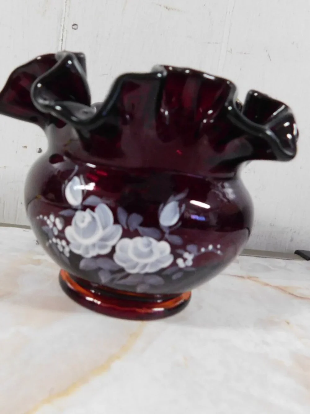 Vintage Fenton Glass Ruffled Rose Bowl Vase Ruby Red White Flowers Signed